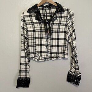 Dolls Kill Small Top Blouse Plaid Faux Leather Collar Gothic Grunge